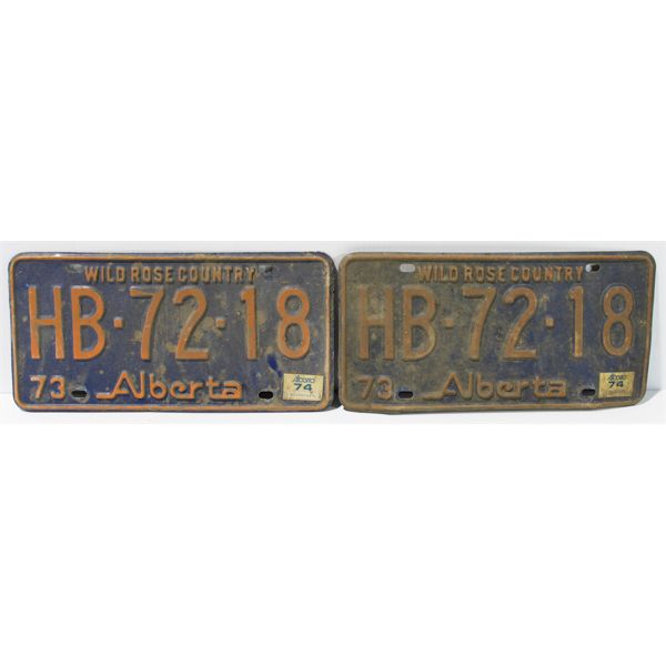TWO 1973 ALBERTA LICENSE PLATES.
