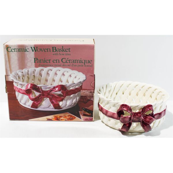 CERAMIC WOVEN BASKET WITH BOW TRIM