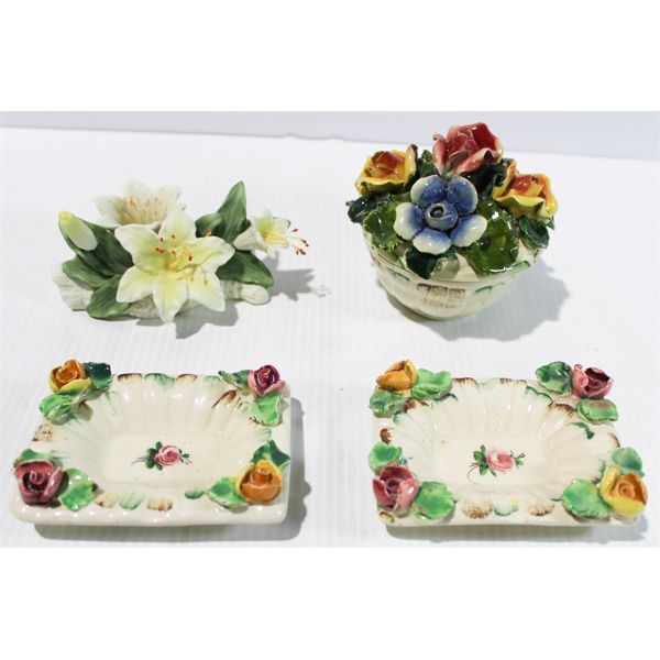 VINT. CERAMIC FLORAL TRINKET HOLDERS & FIGURINE