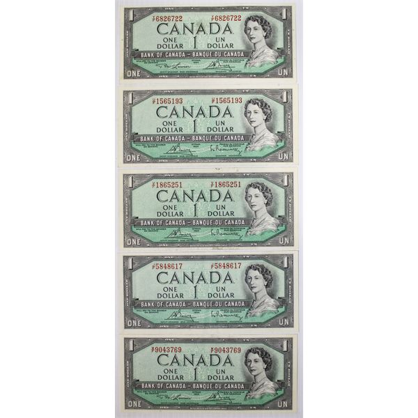 FIVE 1954 CANADIAN $1 BANK NOTES 