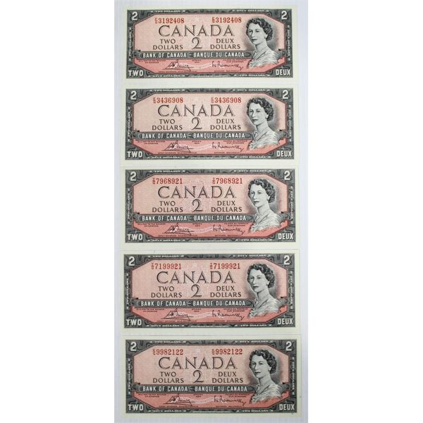 FIVE 1954 CANADIAN $2 BANK NOTES 