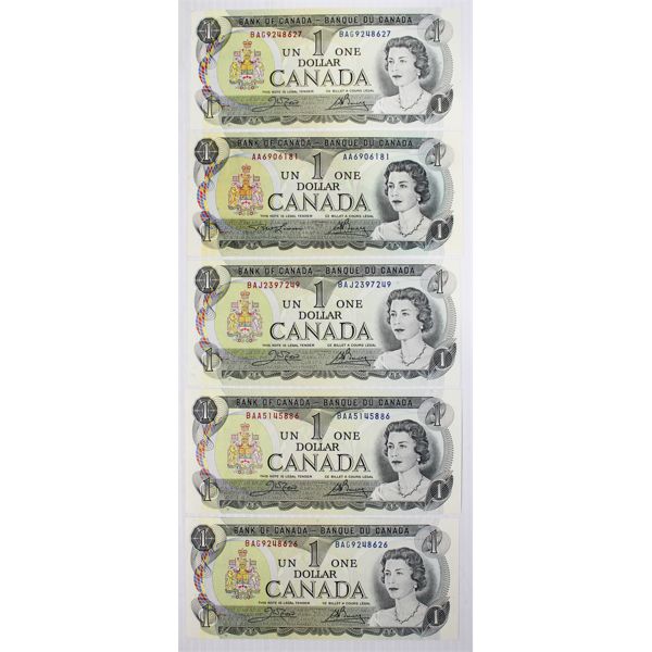 FIVE 1973 CANADIAN $1 BANK NOTES