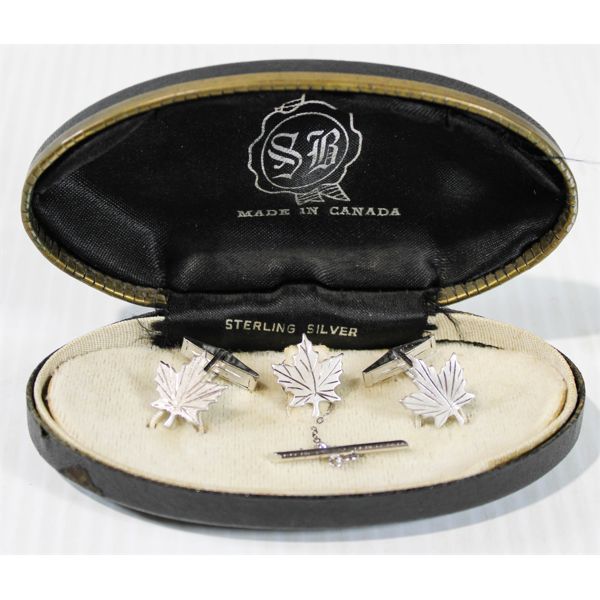 STERLING SILVER MAPLE LEAF CUFFLINKS & TIE PIN