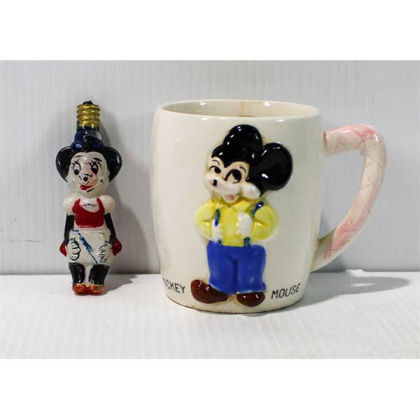 ANTIQUE MICKEY MOUSE CUP & MINI MOUSE LIGHT BULB 