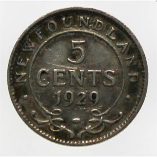 1929 SILVER NEWFOUNDLAND 5 CENT COIN