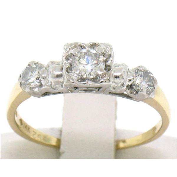 Vintage 14k Yellow & White Gold 0.40 ctw 3 Stone Illusion Set Round Diamond Ring