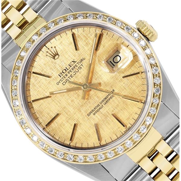 Rolex Mens 2 Tone Champagne Linen Dial Diamond Bezel Datejust Wristwatch