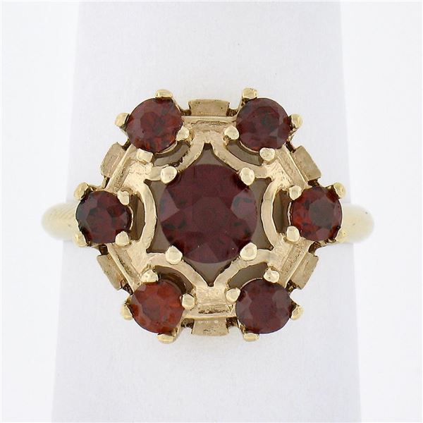 Vintage 10k Yellow Gold 1.65 ctw Round Brilliant Cut Garnet Cluster Platter Ring