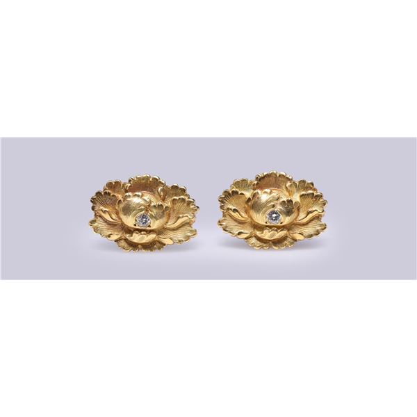 Pair of 18K Yellow Gold & Diamond Chrysanthemum Earrings by R.L. Kay