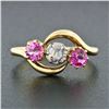 Image 2 : Antique Victorian 18K Gold 1.18 ctw Diamond & European Pink Sapphire 3 Stone Rin