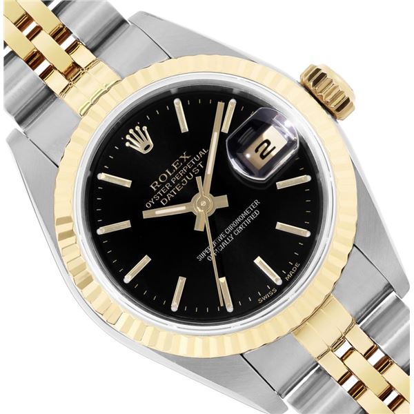 Rolex Ladies 18K Two Tone Gold And Steel Black Index 18K Yellow Gold Fluted Beze