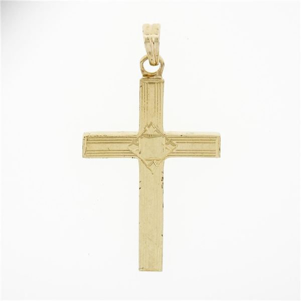 Petite Antique 14K Yellow Gold Hand Engraved Simple Puffed Square Cross Pendant