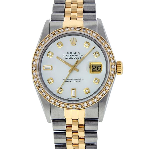 Rolex Mens 2 Tone White Dial Diamond Bezel 36MM Datejust Wristwatch