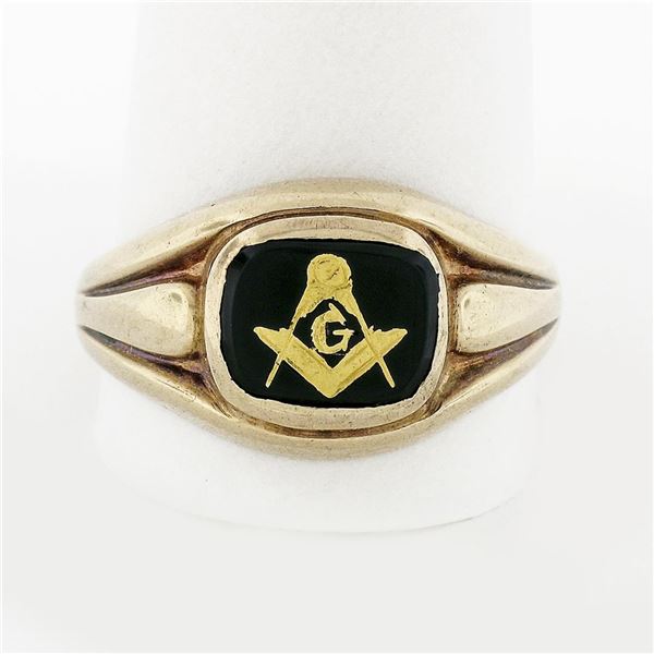 Men's Vintage 10k Gold Black Onyx Gold Leaf Design Masonic Solitaire Band Ring