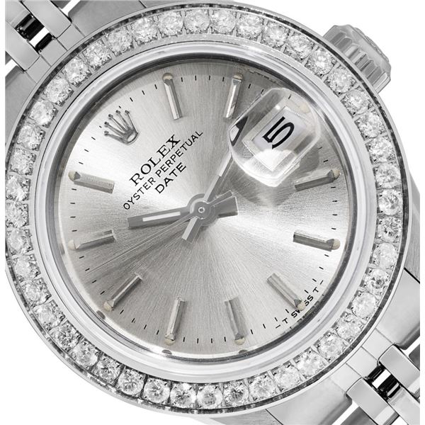 Rolex Ladies Stainless Steel Silver Index Diamond Bezel Date Wristwatch With Rol