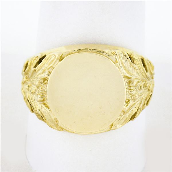 Unisex 14K Yellow Gold Round Engravable Center w/ Open Floral Sides Signet Ring