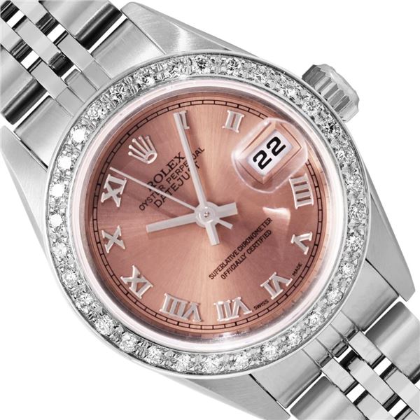 Rolex Ladies Stainless Steel Salmon Roman 18K White Gold Diamond Bezel Datejust