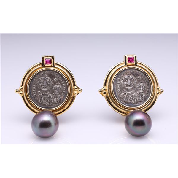 Pair of 18k Yellow Gold South Sea Black Pearl, Ruby & Byzantine Coin Earrings