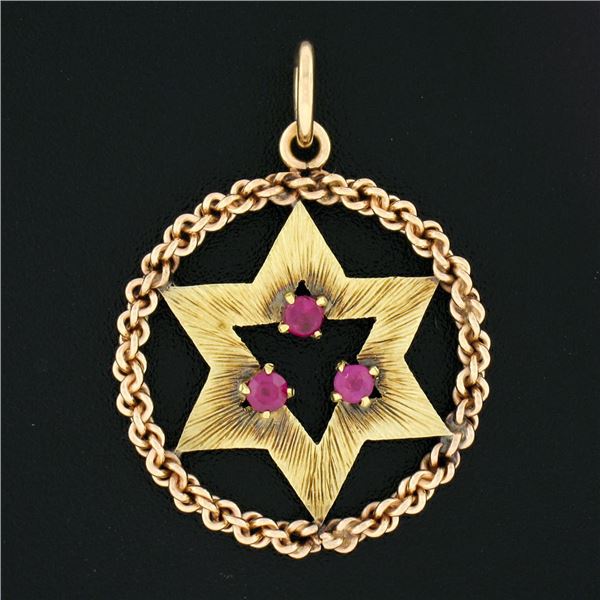 Vintage Israeli 14K Gold Open Star of David Red Stone Rope Circle Frame Pendant