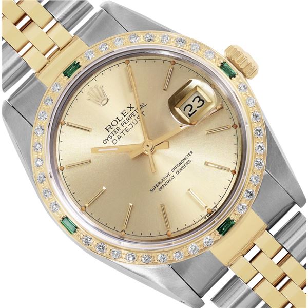 Rolex Mens 2 Tone Champagne Index Diamond And Emerald Bezel Datejust Wristwatch