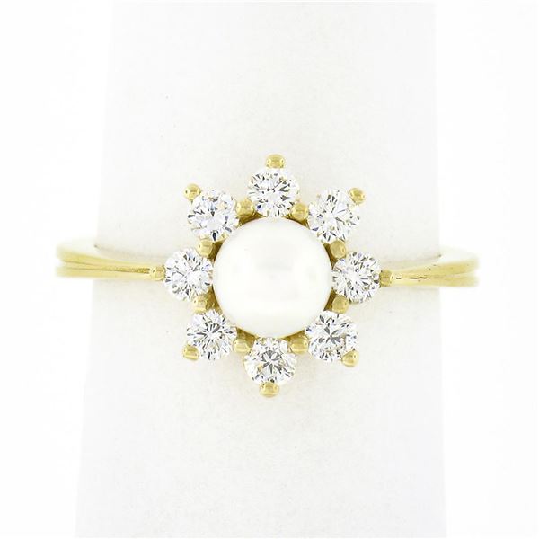 NEW Classic 18k Yellow Gold 5.25mm Pearl .40 ctw Round Diamond Flower Cluster Ri