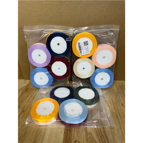 Lot of 3 8PC Packs of Satin Ribbon - Assorted Colours