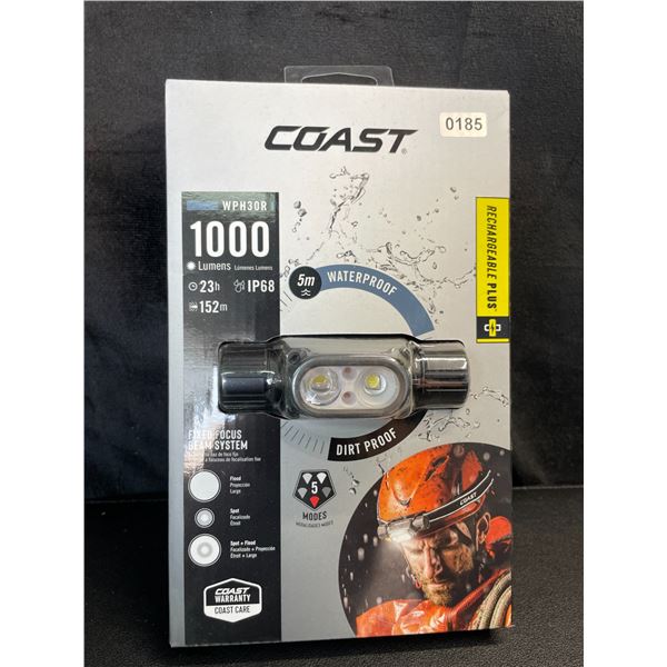 Lot of 1 Coast WPH30R Rechargeable Plus 1000lumens Waterproof Headlamp - Brand New!
