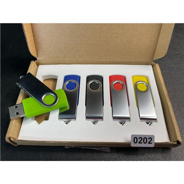 Lot of 1 Box of 5 USB Flash Drives (64 GB Each) - Brand New!