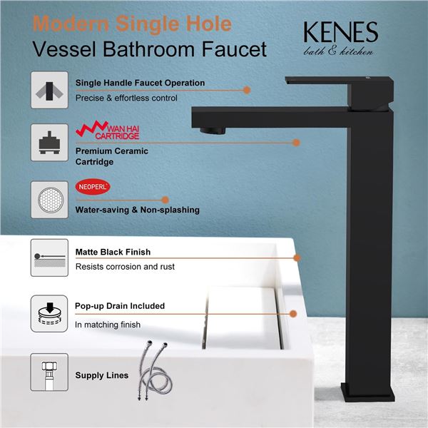 Lot of 1 Kenes Tall Single-Lever Waterfall Bathroom Sink Faucet - Black - Brand New!