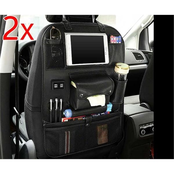 Lot of 2 Car Backseat Organizers/Storage Pouches w/ 4 USB Charging Hubs & Tablet Holder - New