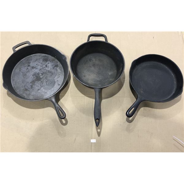 Lot of 3 Heavy-Duty Cast Iron Frying Pans - Used