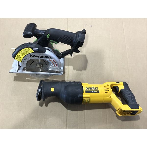 Lot of 2 Power Tools -1x Kawasaki Saw & 1x Dewalt Reciprocating Saw - No Batteries - Used