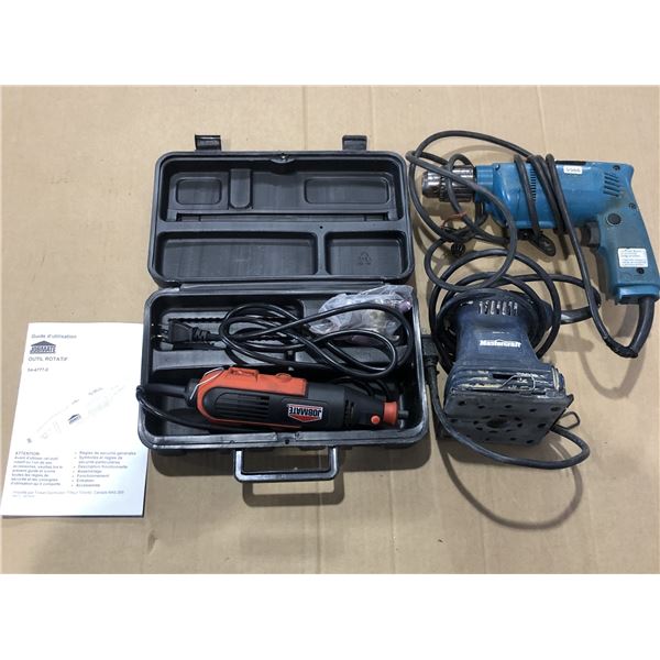 Lot of 3 Assorted Power Tools - Dremel, Makita Corded Drill, & Mastercraft Sander - Used - Powers On