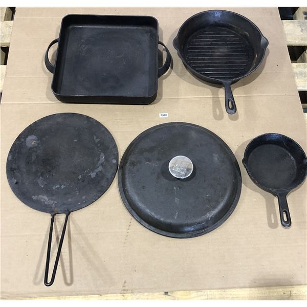Lot of 5 Assorted Heavy-Duty Cast Iron Pans - Used