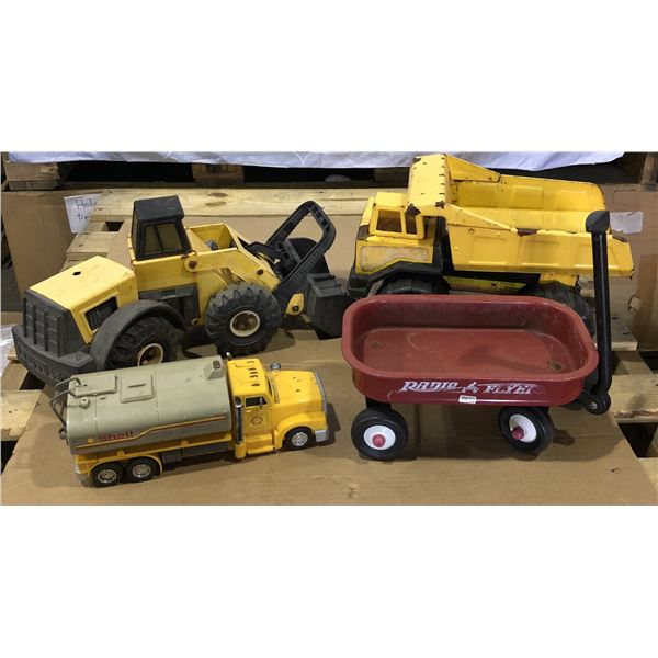 Lot of 4 Assorted Vintage Toy Trucks/Toys (Tonka, Shell Truck, Mini Radio Flyer Wagon, etc.) - Used