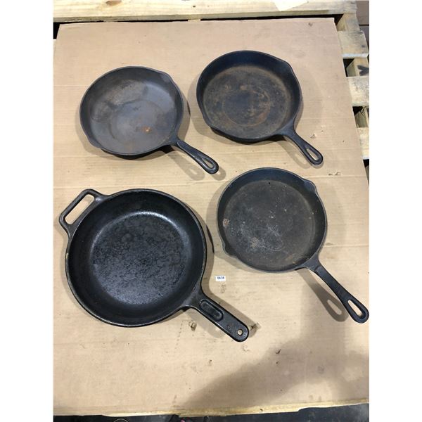 Lot of 4 Assorted Heavy-Duty Cast Iron Frying Pans - Used