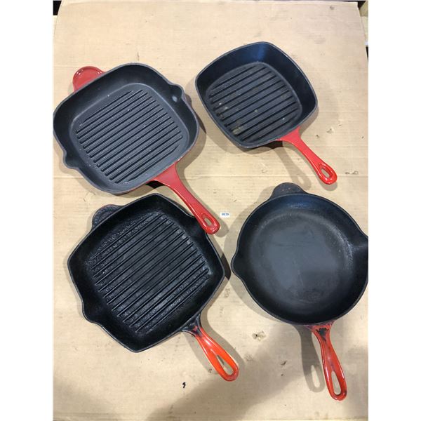 Lot of 4 Red Heavy-Duty Cast Iron Pans - Used