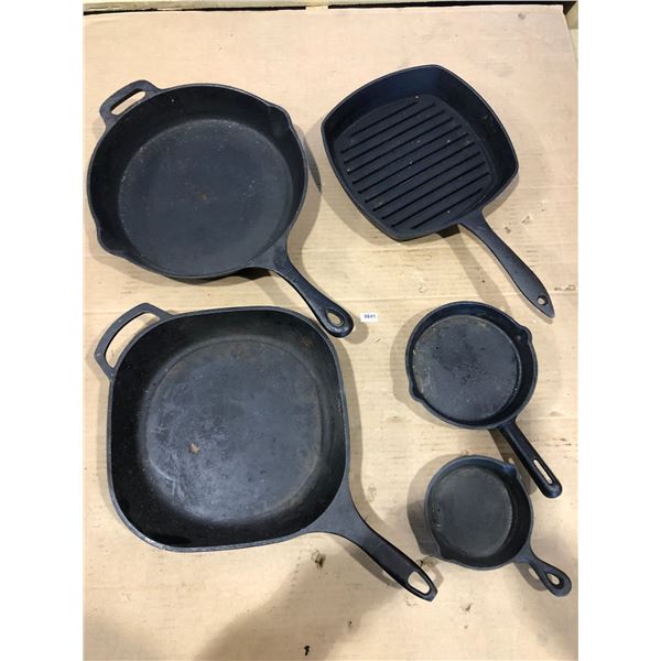 Lot of 5 Assorted Heavy-Duty Cast Iron Pans - Used
