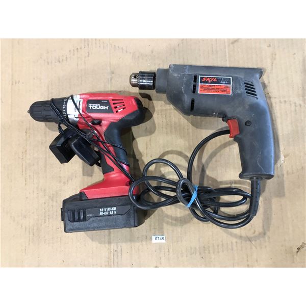 Lot of 2 Drills - 1x Corded Skil Drill & 1x Hyper Tough Rechargeable Drill - Used - Power On