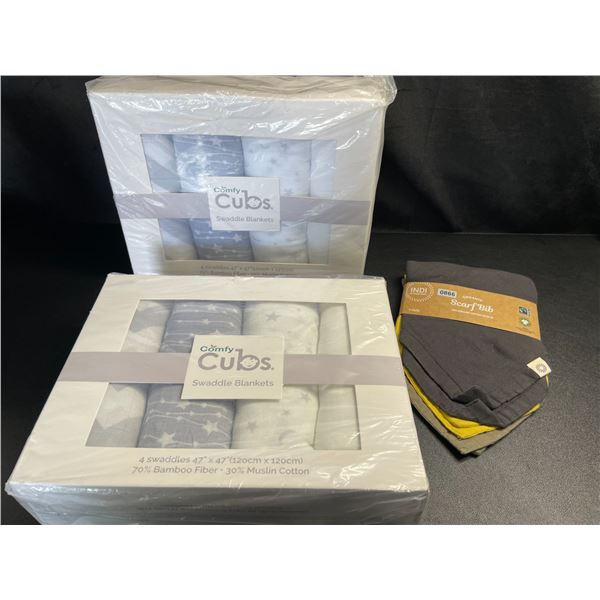 Lot of Brand New Baby Essentials - 2x Multi-Packs of Swaddles & 1x Pack of Scarf Bibs - Brand New!