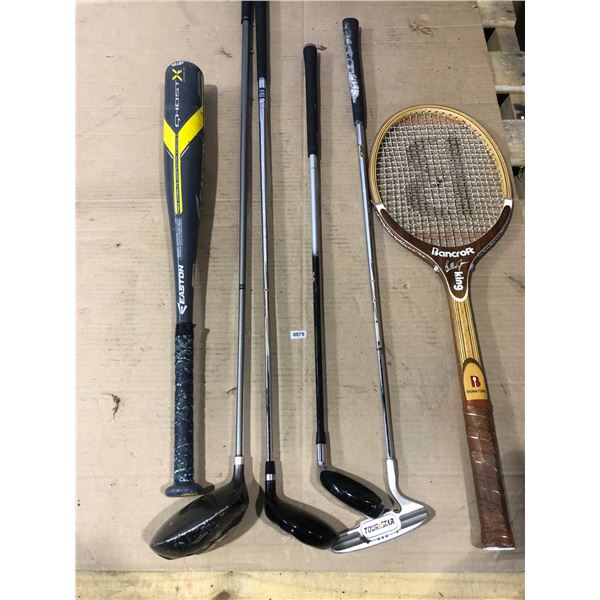 Lot of Assorted Sporting Goods - Baseball Bat, Golf Clubs, and Racket - Used