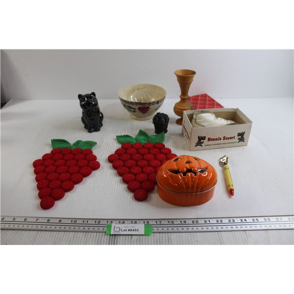 (2) Raspberry Themed Trivets, Cat Milk Pitcher, Misc.