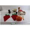 Image 1 : (2) Raspberry Themed Trivets, Cat Milk Pitcher, Misc.