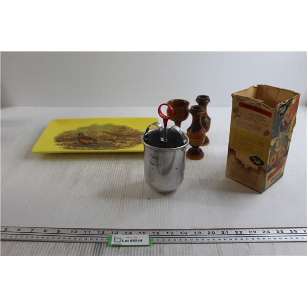 Doughnut Maker, Serving Tray, Wooden Chalice and Candleholders