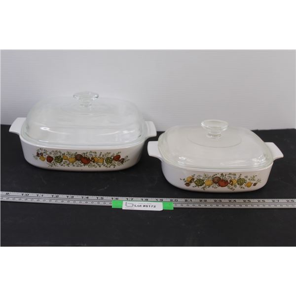 (2) Vintage Corningware Dishes w/Glass Lids - 9 3/4" & 8" (Small Glass Lid has Chip as Pictured)