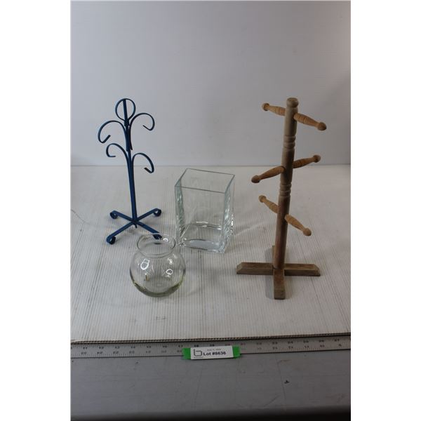 (2) Jewelry Stands, (2) Glass Candle Holders