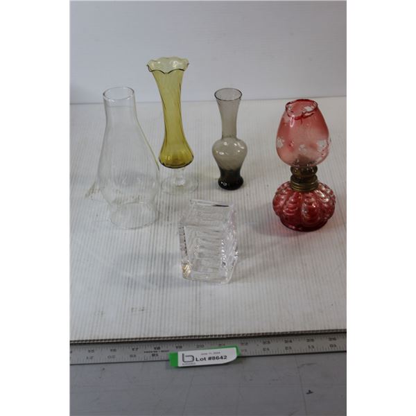 (3) Vases, Kerosene Lamp, Candle Holder