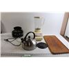 Image 1 : Wooden Cutting Board - Well Used, Osterizer Blender - Works, Kettle, Sylvania Radio - Untested