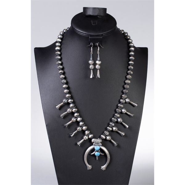 Squash Blossom Necklace with Sterling Beads & Turquoise on Naja with Squash Blossom Earrings