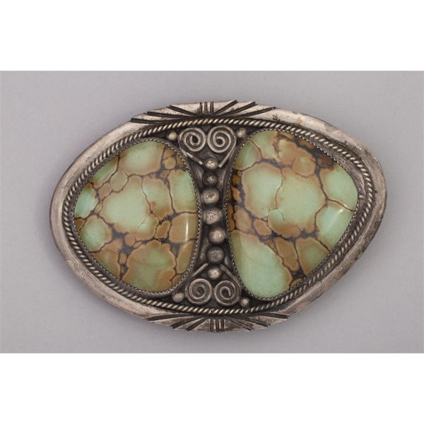 Garrison Bory, Butterfly Design Silver & Green Turquoise Belt Buckle
